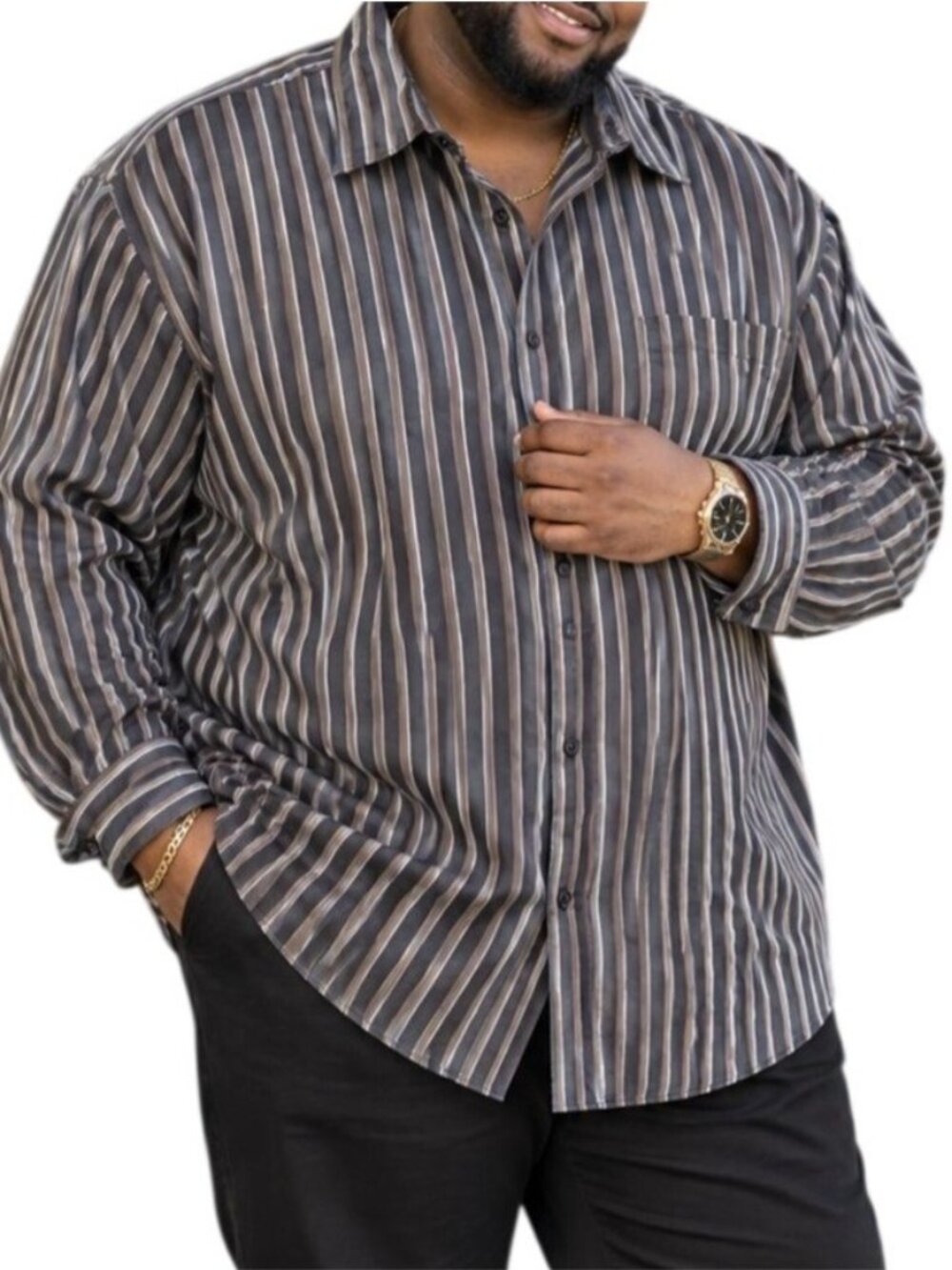 Concepts By Claiborne Mens Size 3XL Shirt Button-Up Brown Stripe 100% Cotton